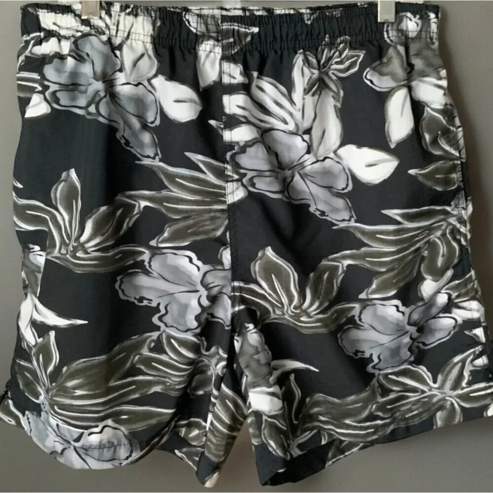 Pacific Scene Hawaiian Floral Swim Trunks Black Lined Elastic Waist Pockets L